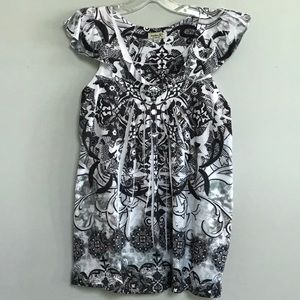 One World BLACK & GREY FLORAL TOP With Rhinestones